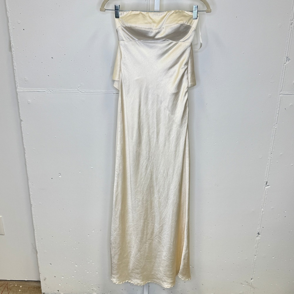 Selfie Leslie Champagne Satin Strapless Cowl Back‎ Maxi Dress Cream Women's XS